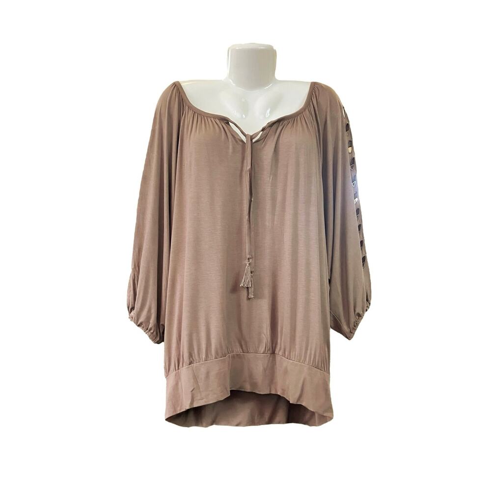 Chelsea & Theodore Women's Camel Brown Split Neck 3/4 Sleeves Tunic | Size 3X